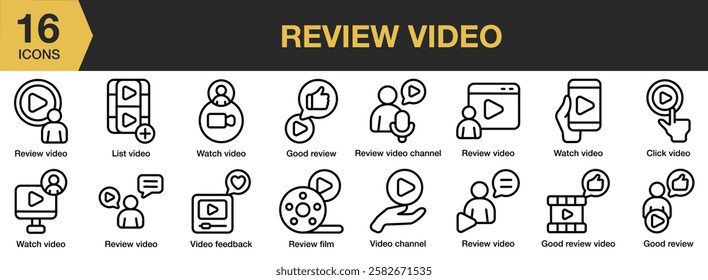 Review Video icon set. Includes watch, channel, good, feedback, list, and More. Outline icons vector collection.