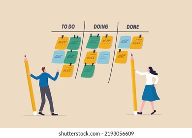 Review work progress on kanban board, todo list, in progress task and finished one, project management or planning for production concept, business people review project progress on kanban board.