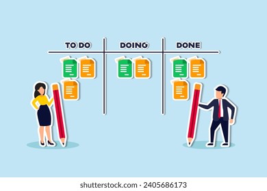 Review work progress on kanban board, todo list, in progress task and finished one, project management or planning for production concept, business people review project progress on kanban board.