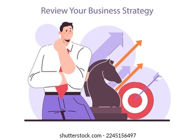 Review your business strategy. Effective management planning in conditions of economic stagnation. Economic activity decline, business-saving actions. Flat vector illustration