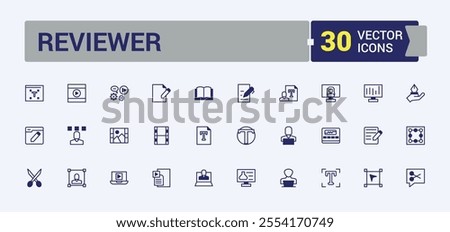 Reviewer icon pack. Containing text, adjust, align, graphic, business, media, ui and more. Flat UI icon design. Solid line editable stroke. Vector line and solid icons.