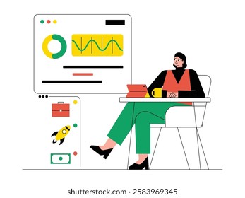 Reviewing business market progress for business scaling strategy, solopreneur vector illustration.