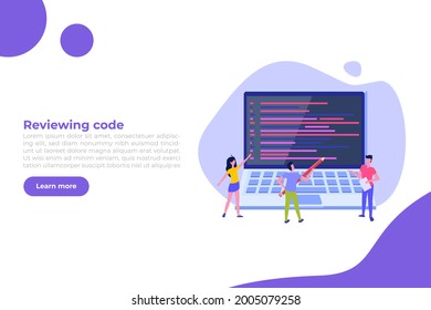 Reviewing code, software review testing, team solving errors and bugs concept. Vector illustration.