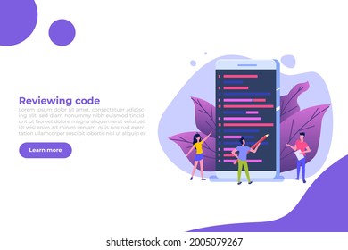 Reviewing code, software review testing, team solving errors and bugs concept. Vector illustration.
