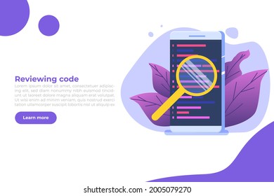 Reviewing code, software review testing, team solving errors and bugs concept. Vector illustration.