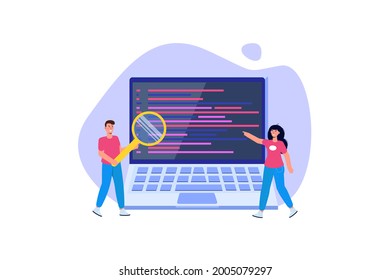 Reviewing code, software review testing, team solving errors and bugs concept. Vector illustration.