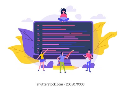 Reviewing code, software review testing, team solving errors and bugs concept. Vector illustration.