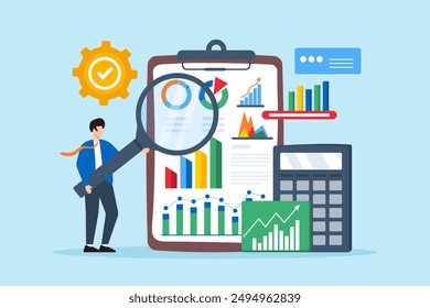 Reviewing financial statements for accuracy, ensuring compliance with regulations, audit analysis concept vector illustration. Business analyst auditing documents