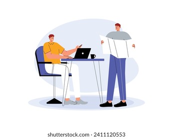 Reviewing work to be submitted for meeting materials, teamwork vector illustration.