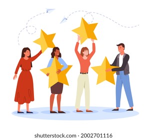 Reviews from customers concept. Different people put stars, give feedback and make a rating. Satisfied customers keep the stars. Cartoon modern flat vector illustration isolated on a white background