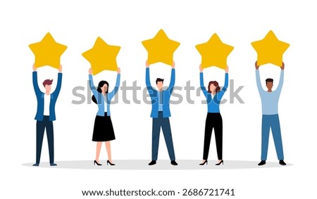 Reviews design vector concept landing page. Different people give a review rating. Support for business satisfaction.