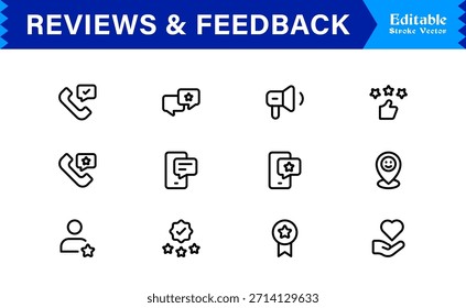 Paquete de iconos de línea de Comentarios: Colección de Profesional minimalista y moderno único de iconos de Encuesta y calificación de clientes con estilo de contorno limpio y precisión de Vector