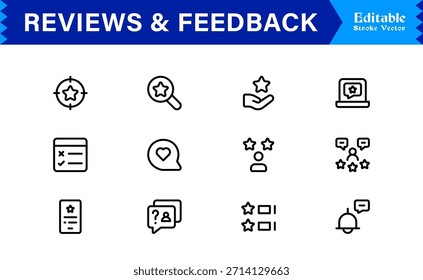 Paquete de iconos de línea de Comentarios: Colección de Profesional minimalista y moderno único de iconos de Encuesta y calificación de clientes con estilo de contorno limpio y precisión de Vector