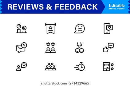Reviews Feedback Line Icon Pack – Unique Minimal Modern Professional Collection of Client Rating and Survey Icons with Clean Outline Style and Vector Precision