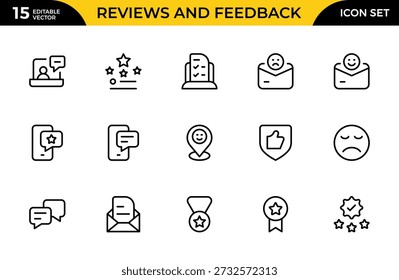 Reseñas y Comentarios Line Icon Pack – Profesional Moderno Mínimo Colección de Iconos de Contorno para Calificación de Clientes, Encuesta, Testimonio y Símbolos de Evaluación, Ilustración vectorial Limpia