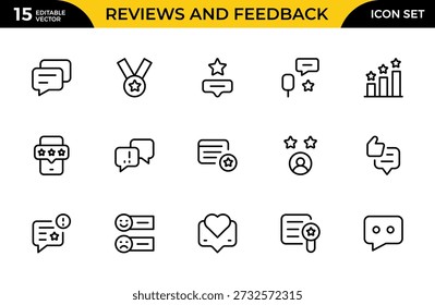 Reseñas y Comentarios Line Icon Pack – Profesional Moderno Mínimo Colección de Iconos de Contorno para Calificación de Clientes, Encuesta, Testimonio y Símbolos de Evaluación, Ilustración vectorial Limpia