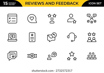 Reseñas y Comentarios Line Icon Pack – Profesional Moderno Mínimo Colección de Iconos de Contorno para Calificación de Clientes, Encuesta, Testimonio y Símbolos de Evaluación, Ilustración vectorial Limpia