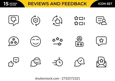 Reseñas y Comentarios Line Icon Pack – Profesional Moderno Mínimo Colección de Iconos de Contorno para Calificación de Clientes, Encuesta, Testimonio y Símbolos de Evaluación, Ilustración vectorial Limpia