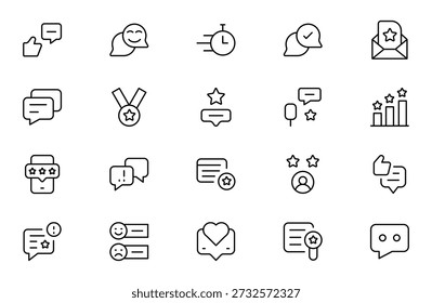 Reseñas y Comentarios Line Icon Pack – Profesional Moderno Mínimo Colección de Iconos de Contorno para Calificación de Clientes, Encuesta, Testimonio y Símbolos de Evaluación, Ilustración vectorial Limpia