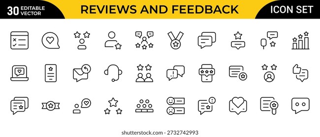 Reseñas y Comentarios Line Icon Pack – Profesional Moderno Mínimo Colección de Iconos de Contorno para Calificación de Clientes, Encuesta, Testimonio y Símbolos de Evaluación, Ilustración vectorial Limpia