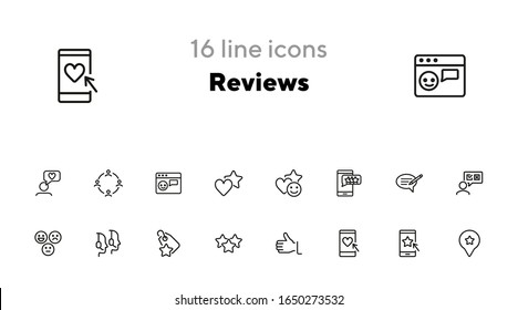 Reviews line icon set. Approval, best offer, best price, call center. Online store concept. Can be used for topics like customer support, rate, feedback