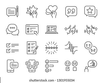 Reviews line icon set. Included icons as review score, feedback, testimonial, comment, survey and more.