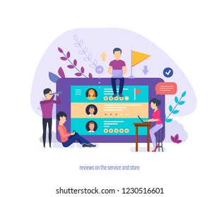 Reviews on service and store. Reviews of products and critique of services and service in shop. Evaluations, feedback, like, ratings, recommendations on of shopping store. Vector illustration.