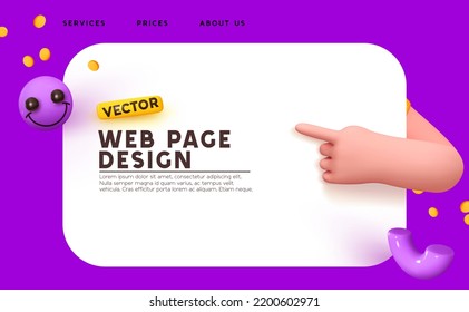 Überprüft die Seitenwebvorlage. Positives Emoji Lächeln, Hand weisen Geste zu leerlassen. Kundenrückmeldung online Rezension Kommentar Website Landing Page Wireframe. 3D-Konzept kreatives Design. Vektorgrafik