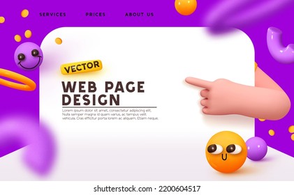 Reviews page web template. Positive emoji smile, hand pointing gesture to blank. Customer feedback online review comment website landing page wireframe. 3D concept creative design. vector illustration