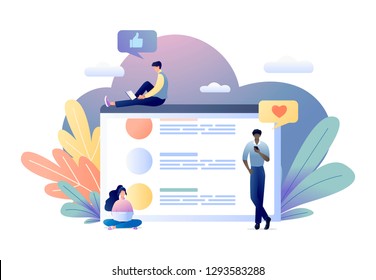 Reviews with people writing reviews using mobile phones and computer screen on the background. For web banner, website, flyer, card. Business concept flat vector illustration 