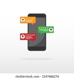 Reviews rating bubble on mobile phone vector illustration, flat style smartphone review stars with good and bad rate and text, concept of testimonials messages, notifications, customer feedback