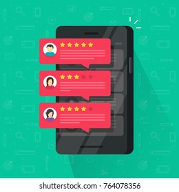 Reviews rating bubble on mobile phone vector illustration, flat  style smartphone review stars with good and bad rate and text, concept of testimonials messages, notifications, customer feedback