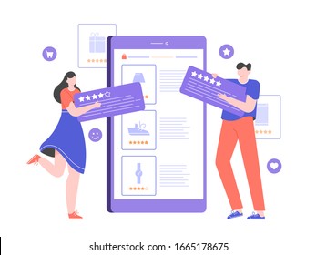 Reviews and rating of goods in the online store in the mobile application. Online shopping service. Digital commerce. Characters with comments are standing near the monitor. Vector flat illustration.