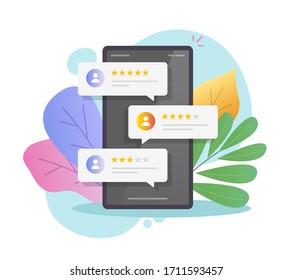 Reviews Rating Online Bubbles On Mobile Phone Or Customer Feedback Testimonials On Smartphone Vector Flat Cartoon Colorful, Cell Phone With Good And Bad Rate Client Experience Modern Design