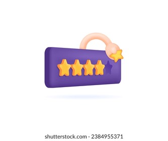 reviews, surveys, ratings, or Customer feedback. An illustration of a client, buyer, or customer's hand giving a 5-star rating. Illustration of a board with five stars and hand. Minimalist 3D concept 