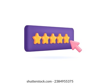 reviews, surveys, ratings, or customer feedback. client, buyer, or customer gives a 5 star rating. Illustration of a board with five stars and an arrow. Minimalist 3D concept design. graphic elements.
