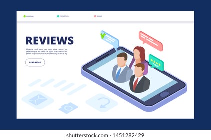 Reviews web banner template. Feedback landing page with isometric vector phone and people. Illustration of comment and message from clients