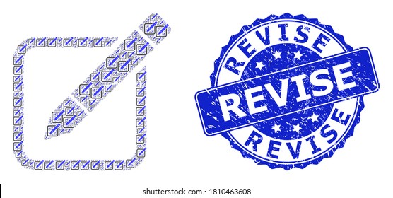 Revise scratched round stamp seal and vector fractal mosaic edit pencil. Blue stamp seal includes Revise tag inside round shape. Vector collage is designed of random edit pencil icons.