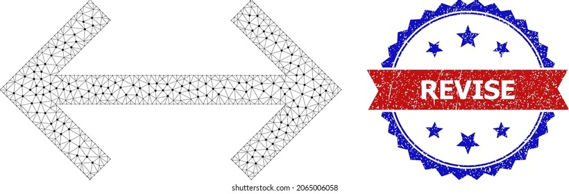 Revise textured stamp seal, and exchange arrows icon network model. Red and blue bicolored stamp contains Revise text inside ribbon and rosette. Abstract 2d mesh exchange arrows,