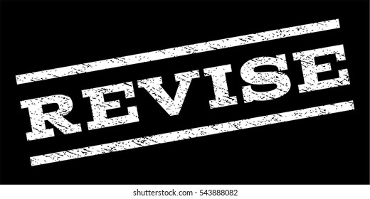 Revise watermark stamp. Text caption between parallel lines with grunge design style. Rubber seal stamp with dust texture. Vector white color ink imprint on a black background.