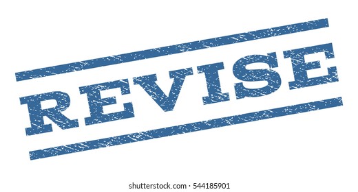 Revise watermark stamp. Text tag between parallel lines with grunge design style. Rubber seal stamp with dirty texture. Vector cobalt blue color ink imprint on a white background.