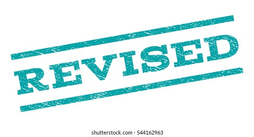 Revised watermark stamp. Text tag between parallel lines with grunge design style. Rubber seal stamp with scratched texture. Vector cyan color ink imprint on a white background.