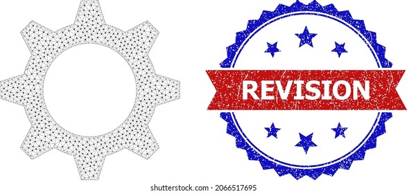 Revision unclean stamp, and gearwheel icon triangular model. Red and blue bicolor stamp seal has Revision tag inside ribbon and rosette. Abstract 2d mesh gearwheel, built from flat mesh.