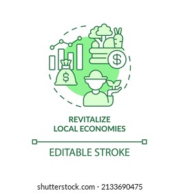 Revitalize Local Economies Green Concept Icon. Shift To Regenerative Culture Abstract Idea Thin Line Illustration. Isolated Outline Drawing. Editable Stroke. Arial, Myriad Pro-Bold Fonts Used