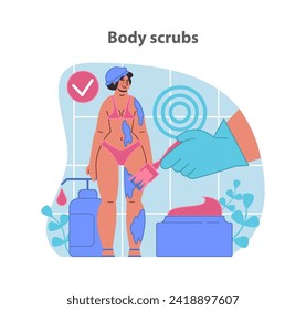 Revitalizing body scrub session. Client enjoying a spa treatment with exfoliating products for skincare. Flat vector illustration.