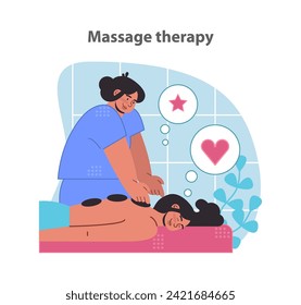 Revitalisierung der Massage Therapie Sitzung. Holistisches Wellness und Entspannung. Geschickte Masseurin mit Komfort und Pflege. Flache Vektorgrafik.