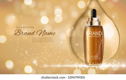 Revitalizing Serum for Hair Bottle Template for Ads or Magazine Background. 3D Realistic Vector Iillustration. EPS10