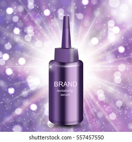 Revitalizing Serum for Hair Bottle Template for Ads or Magazine Background. 3D Realistic Vector Iillustration. EPS10