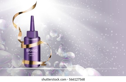 Revitalizing Serum for Hair Bottle Template for Ads or Magazine Background. 3D Realistic Vector Iillustration. EPS10