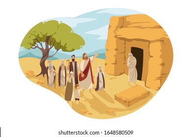 Revival of Lazarus by Christ, Bible concept. Jesus Christ son of God makes Lazarus alive, taking him back from dead. Bible series in cartoon style. Vector flat design